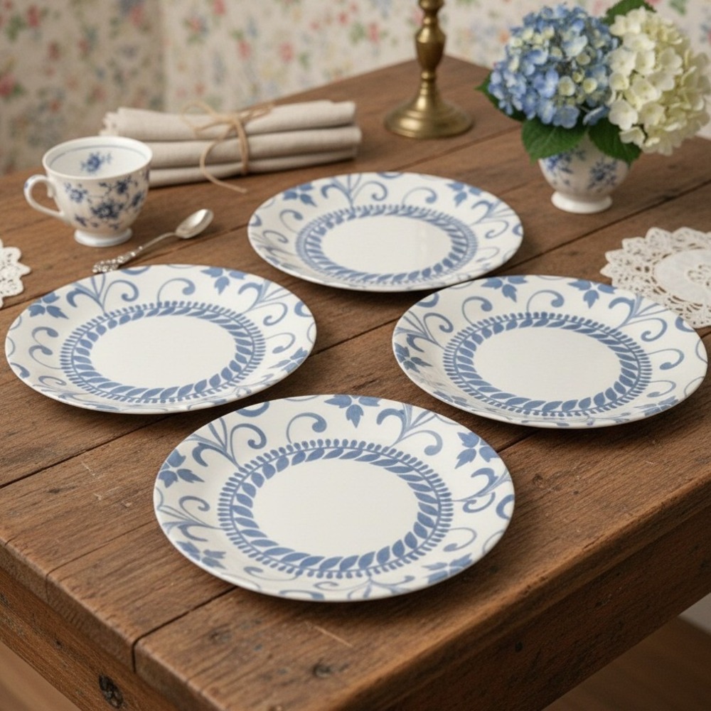 Corelle ARTEMIS Luncheon Plates 8.5" Pastel Blue Floral Deco Modern Lot of 4